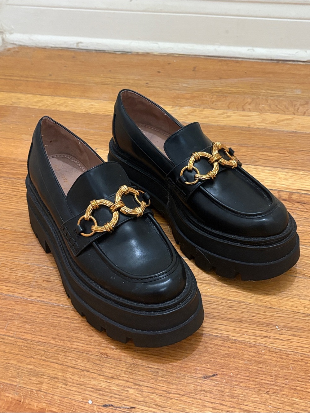 Black Platform Loafers with Gold Chain Accent - Women